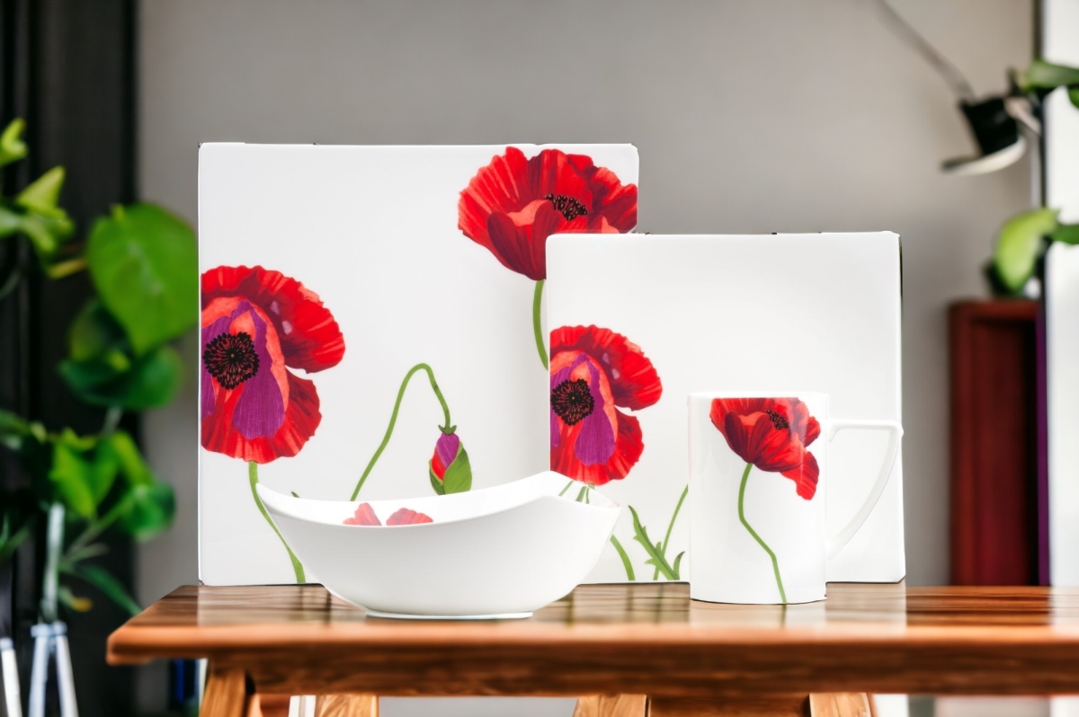 Picture of HomeRoots 483515 Square Floral Bone China Service for Six Dinner Plate Set, Red & White - 6 Piece