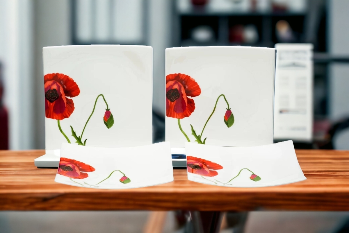 Picture of HomeRoots 483516 Square Floral Bone China Service for Six Salad Plate Set, Red & White - 6 Piece