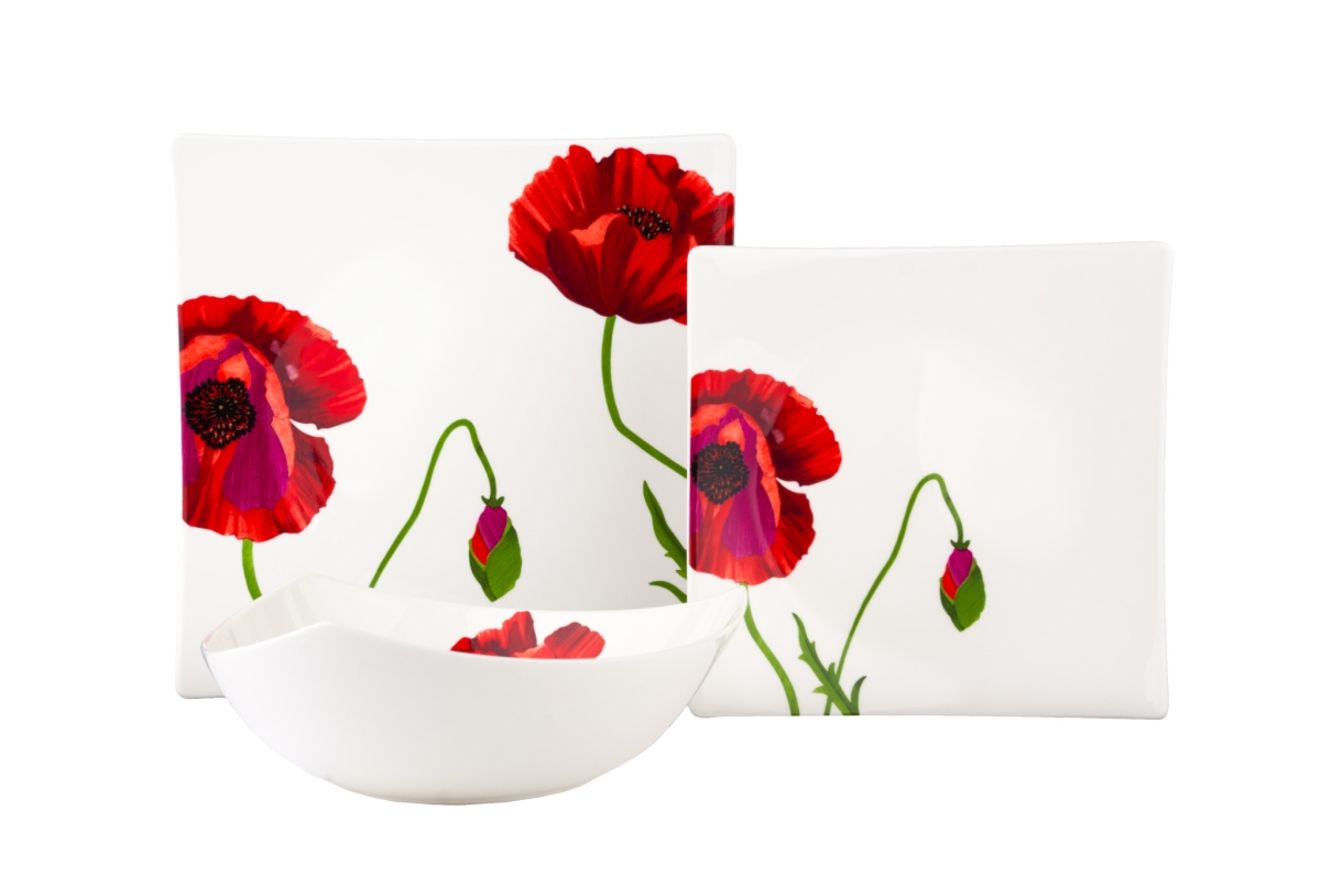 Picture of HomeRoots 483516 Square Floral Bone China Service for Six Salad Plate Set, Red & White - 6 Piece