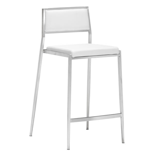 Home Roots Furniture 249027 36 X 18 X 20 In. Leatherette Brushed Stainless Steel Counter Chair - White, Set Of 2