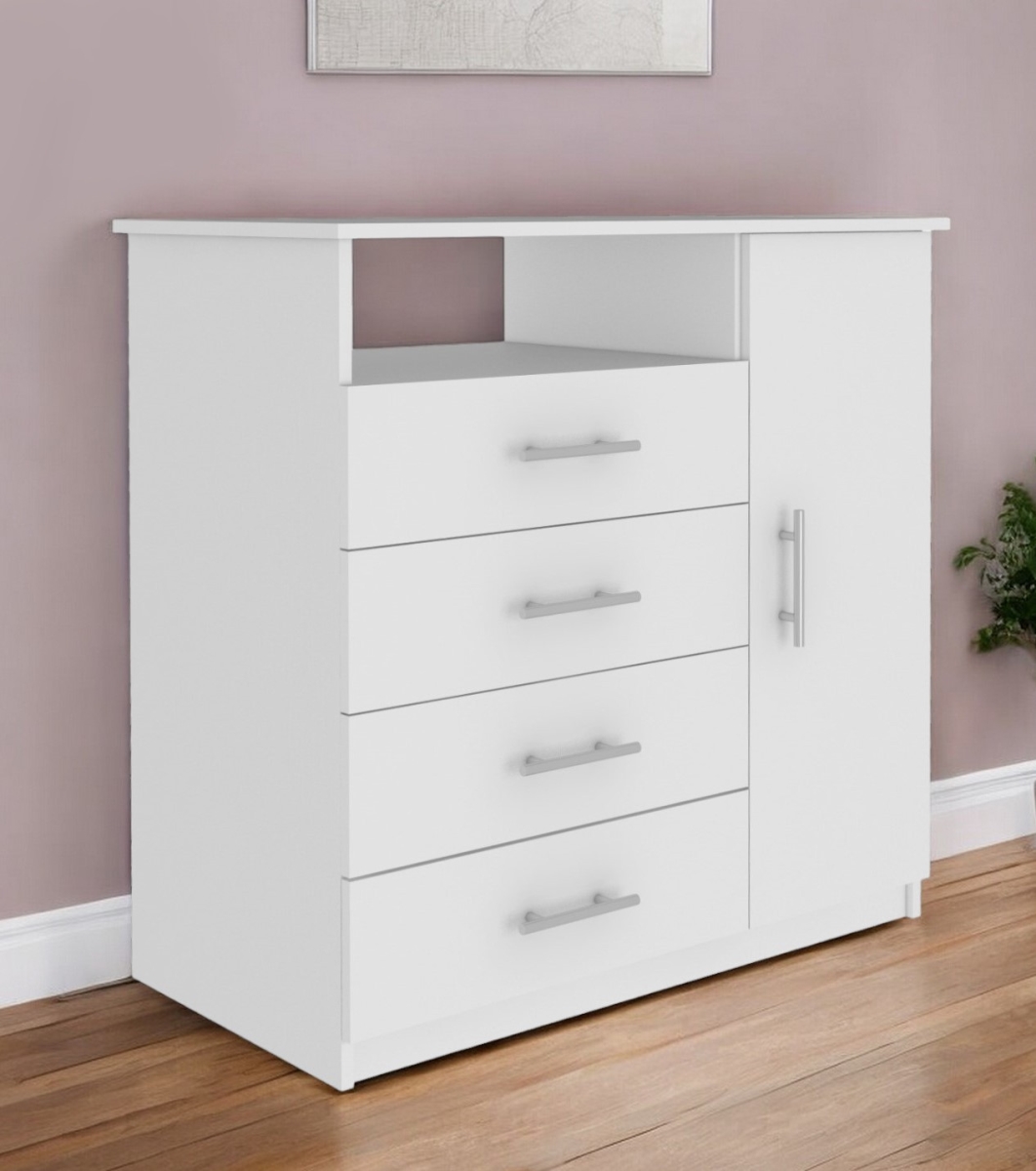 544044 36 in. White Four Drawer Combo Dresser with Open Shelf
