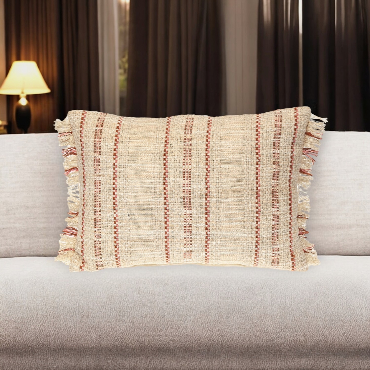 529219 14 x 20 in. Beige & Pink Striped Cotton Throw Pillow with Fringe
