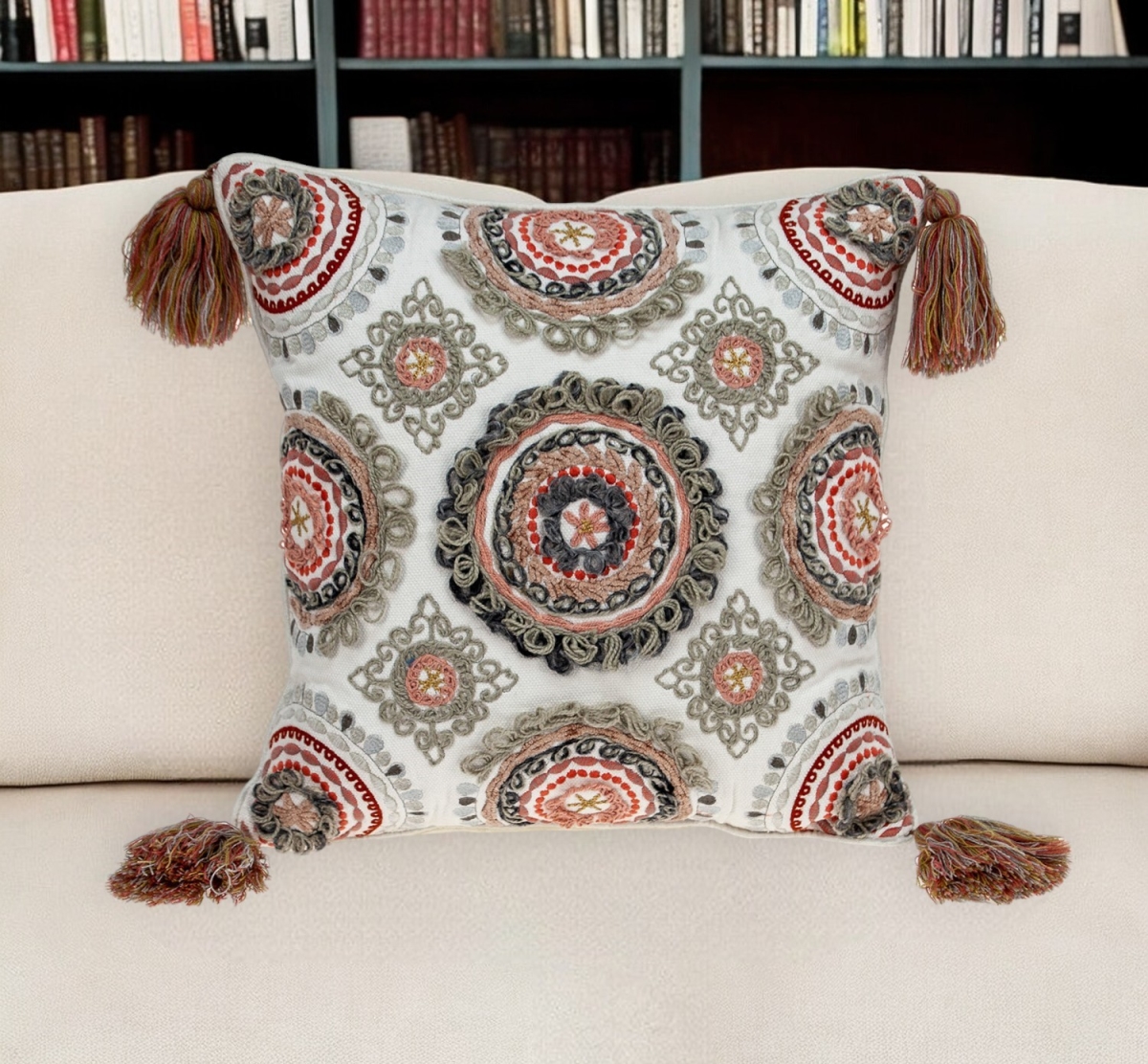 529193 18 in. Red & White Floral Cotton Throw Pillow with Embroidery, Tassels