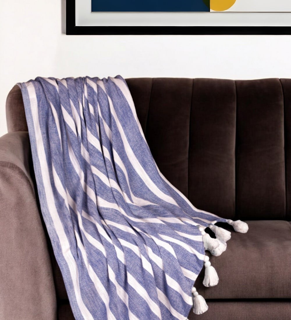 Striped Cotton Throw Blanket - Blue & White - 50 x 60 in. - Tassel Edges