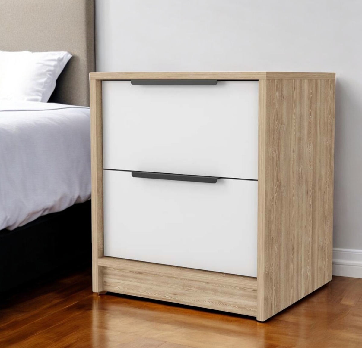 534907 19 in. White & Natural Two Drawer Faux Wood Nightstand