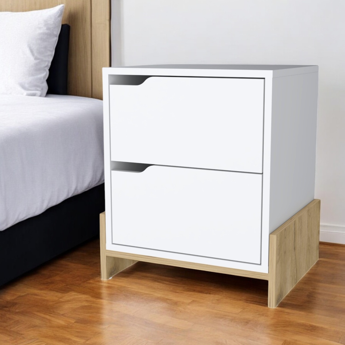 534908 20 in. White & Natural Two Drawer Faux Wood Nightstand