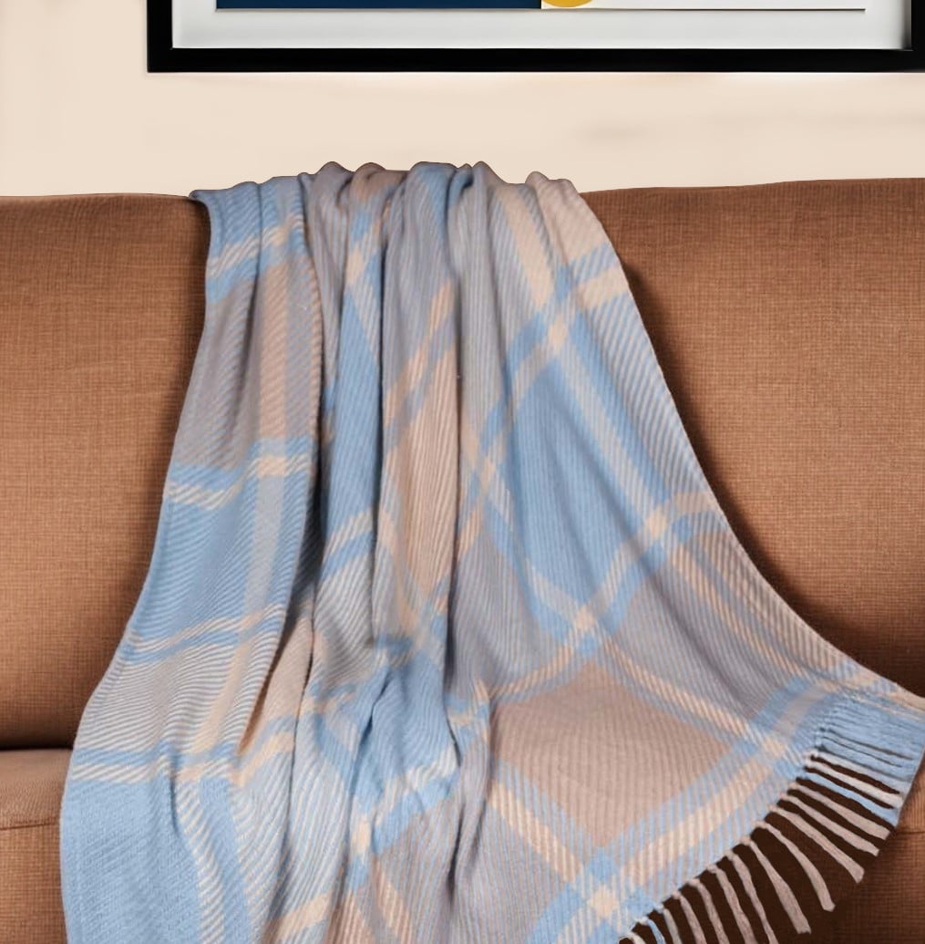 Woven Cotton Plaid Throw Blanket - Blue Gray & Beige - 50 x 60 in. - Fringe Detail