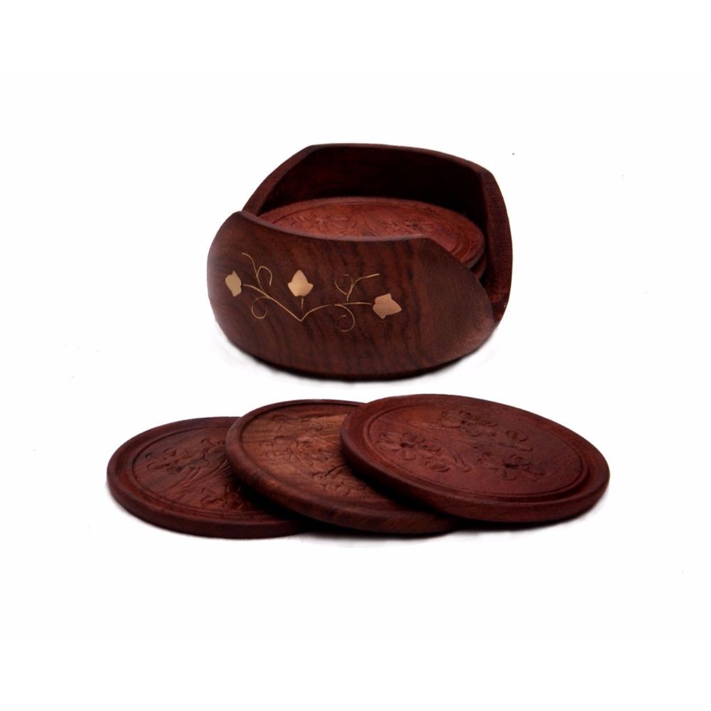 Home Roots 314593 Round Handmade Drink Coaster In Rosewood Retro Wood - Set Of 6, Brown