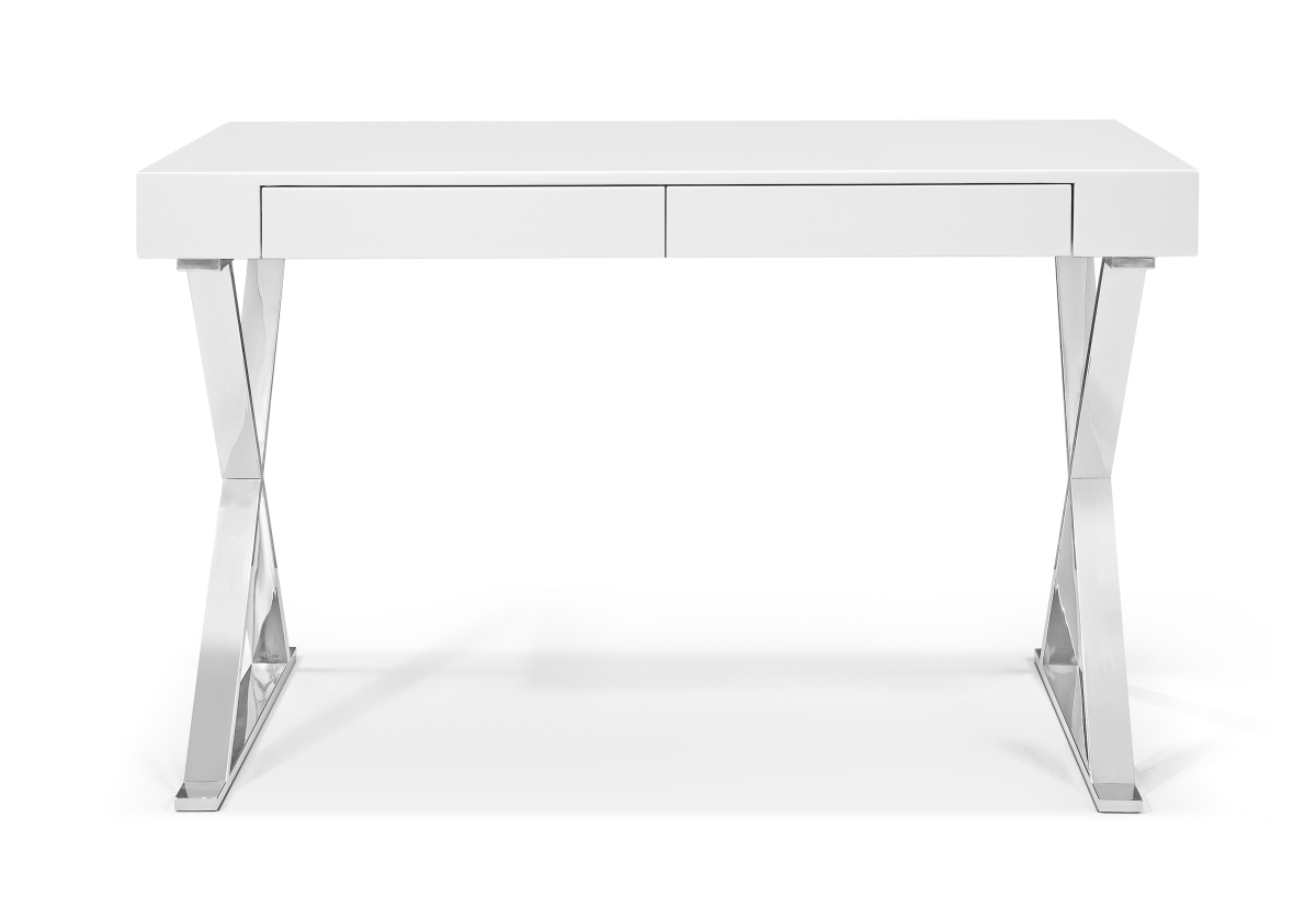 Home Roots 320752 Desk Large - High Gloss White - Two Drawers Stainless Steel Base