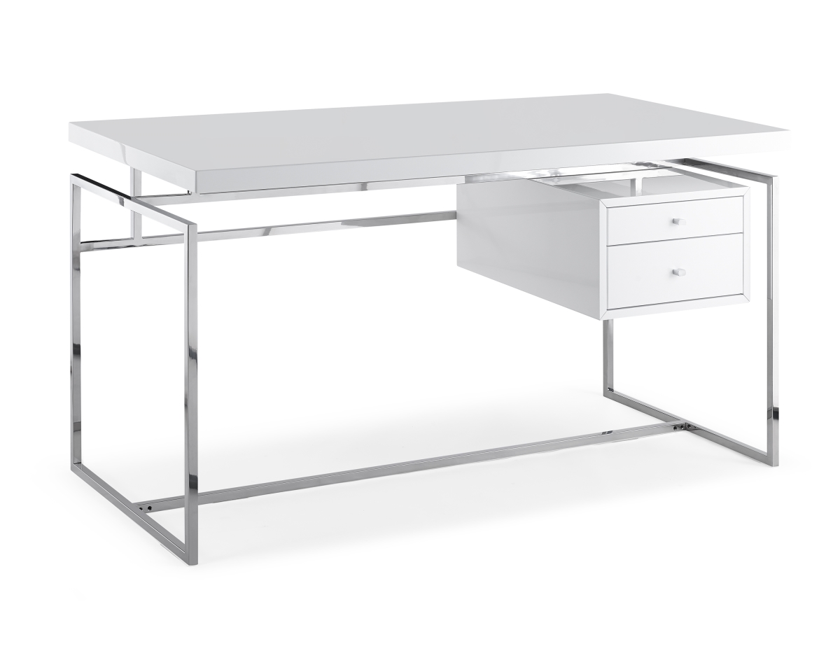 Home Roots 320756 Desk Top & Drawer In High Gloss White With Stainless Steel Base