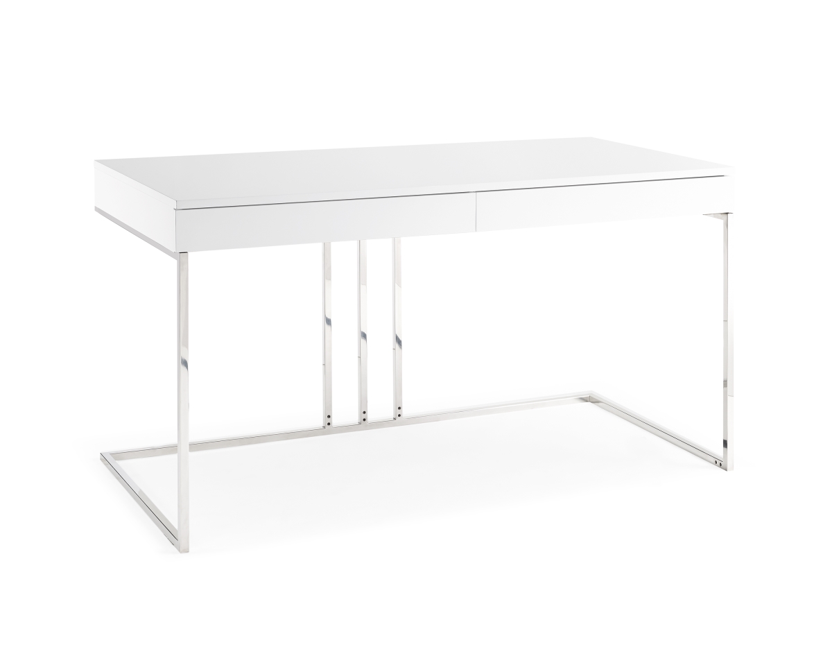 Home Roots 320758 Desk In High Gloss White Lacquer With Stainless Steel Base
