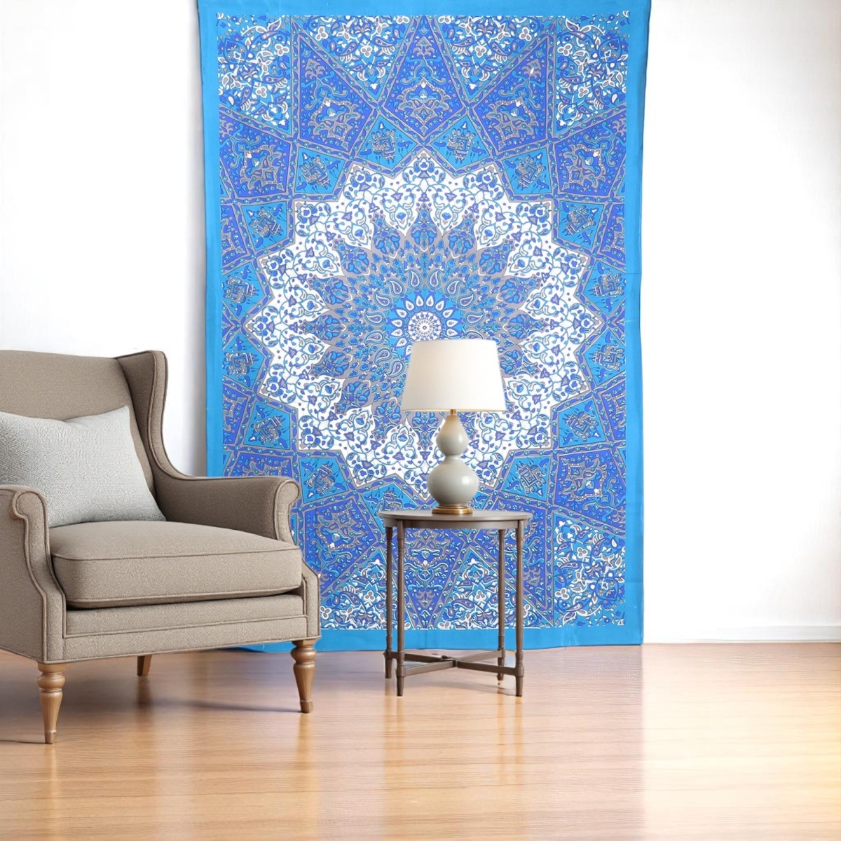 397194 80 x 56 in. Royal Blue Mandala Cotton Hanging Tapestry