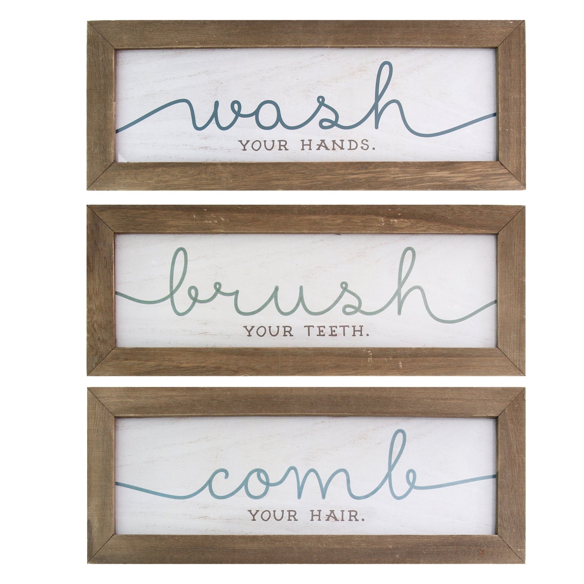 Home Roots 321254 Wash Brush Comb Bath Art, Natural Wood, White & Blue - Set Of 3