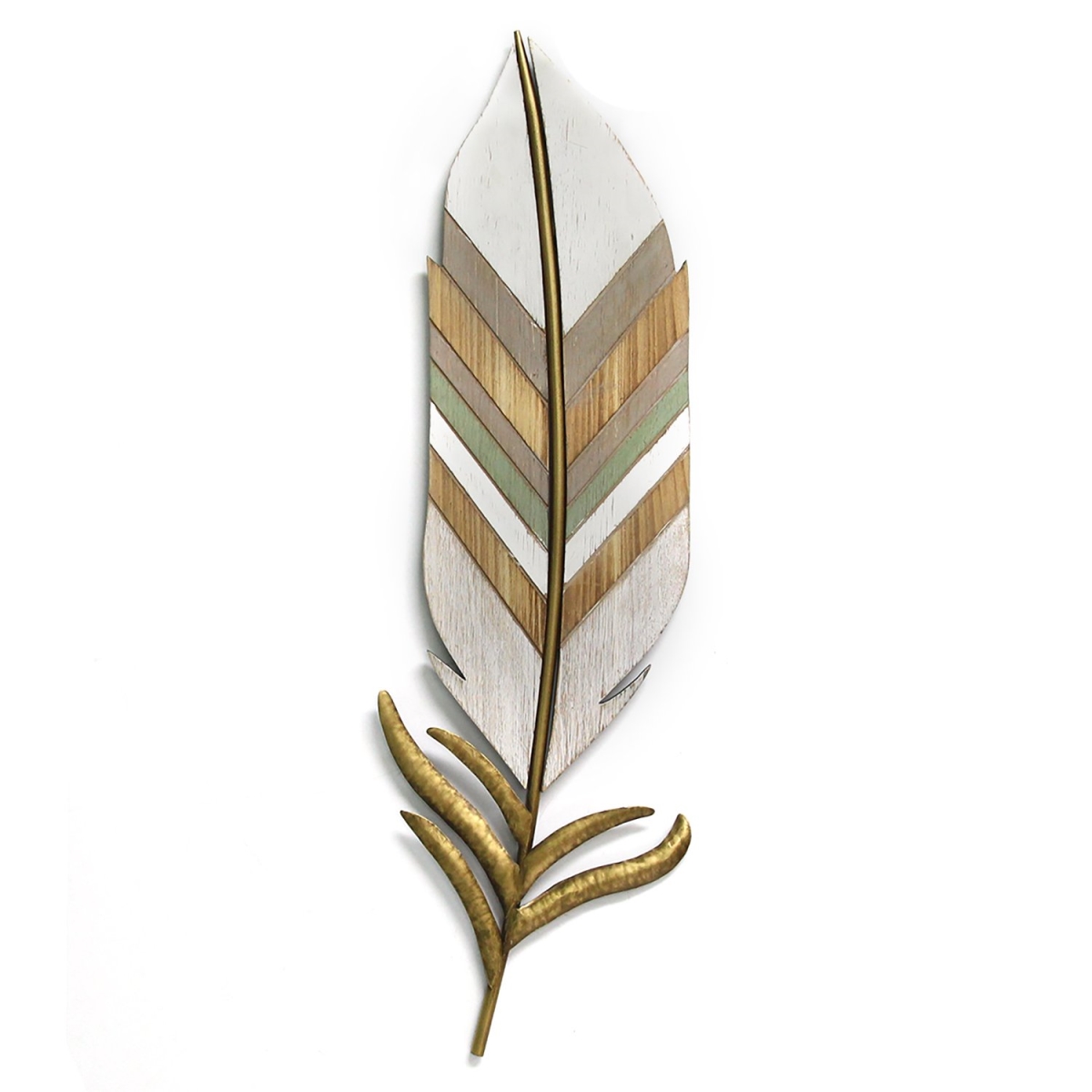 Home Roots 321276 Boho Wall Feather, White, Gold, Green & Natural Wood
