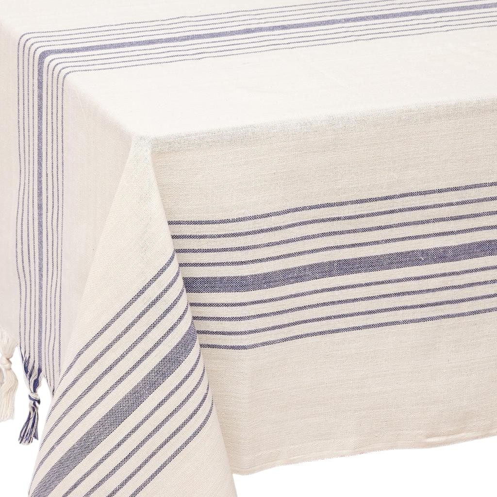 Picture of HomeRoots 521295 71 x 95 in. Cream & Blue Striped Cotton Tablecloth & Napkins Set