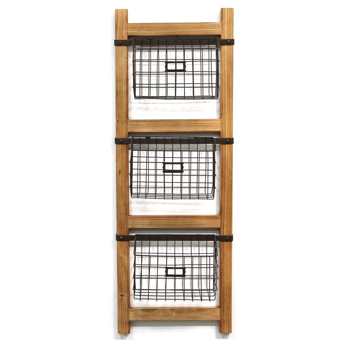 Home Roots 321322 Decorative Ladder With Baskets Wall Decor, Natural Wood & Black