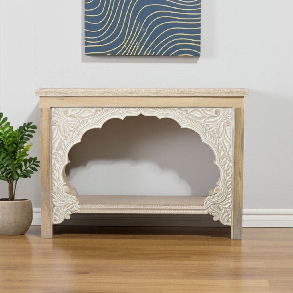 565172 56 in. Natural Solid Wood Distressed Console Table with Shelf