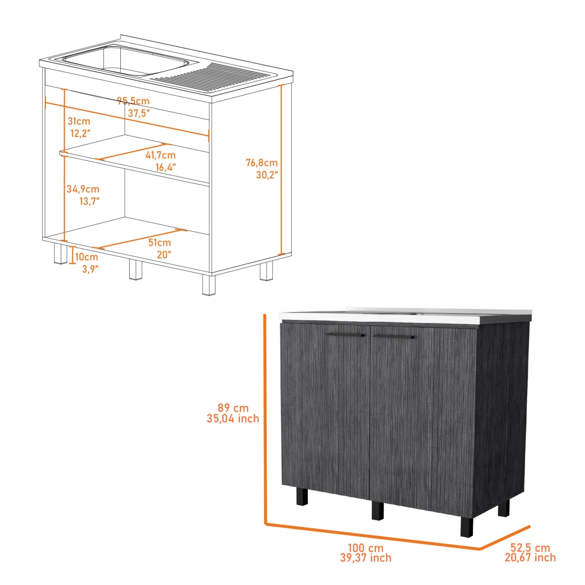 Picture of HomeRoots 553692 35 x 39 in. Gray & Silver Stainless Steel & Wood Utility Cabinet with Sink