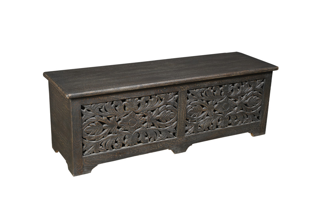 636283 52 in. Black Distressed Solid Wood Carved Floral Storage Ottoman