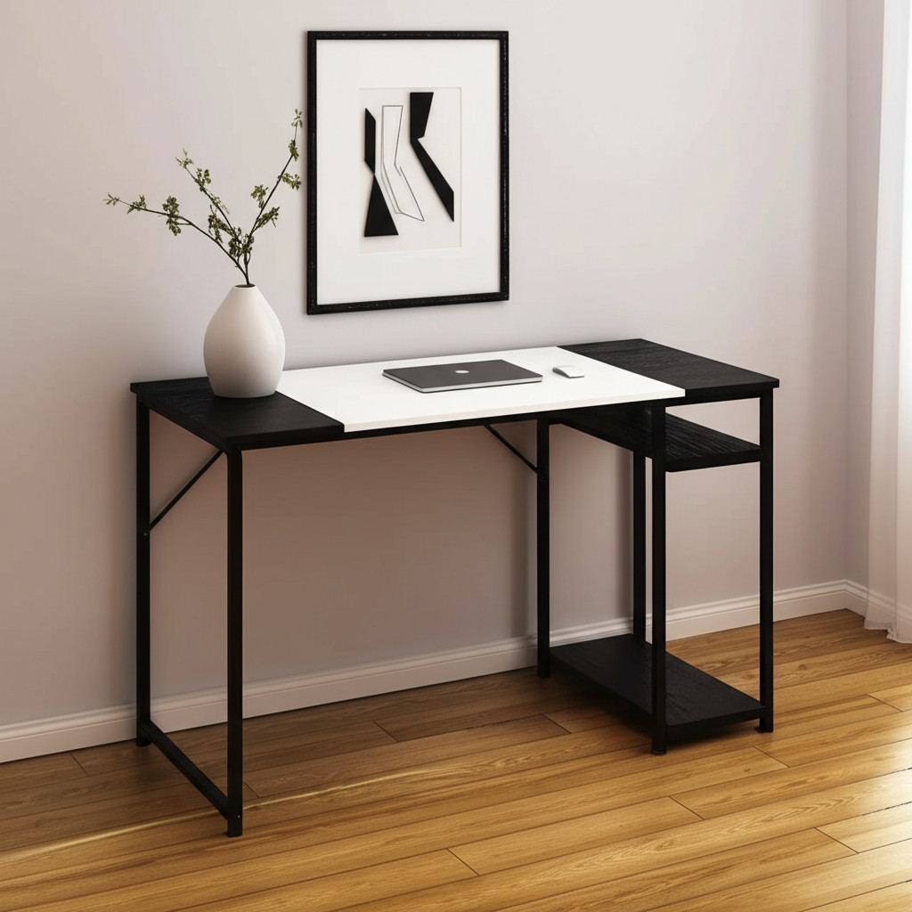 568050 47 in. Black & White Wood & Metal H-Shape Computer Desk