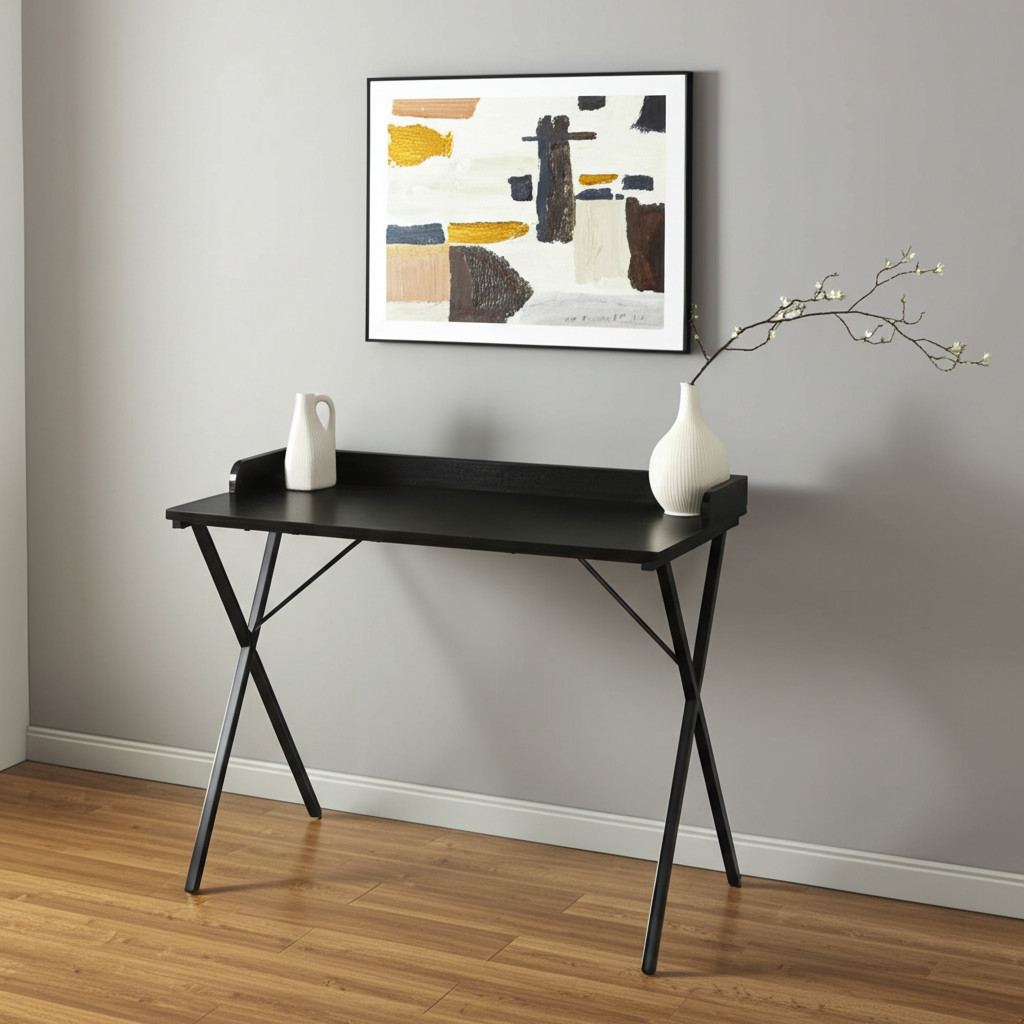 568032 39 in. Black Wood & Metal X-Shape Computer Desk