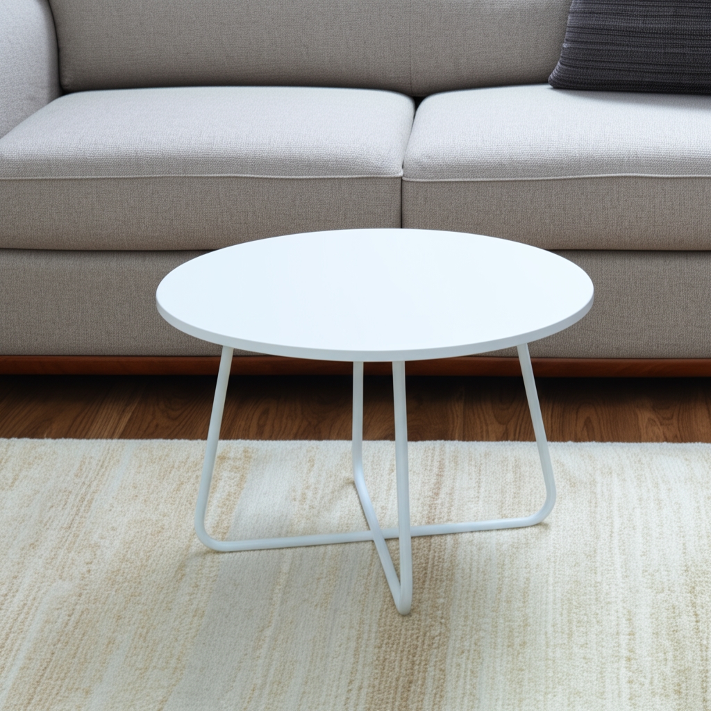 554287 28 in. White Wood & Metal Round Cross Legs Coffee Table