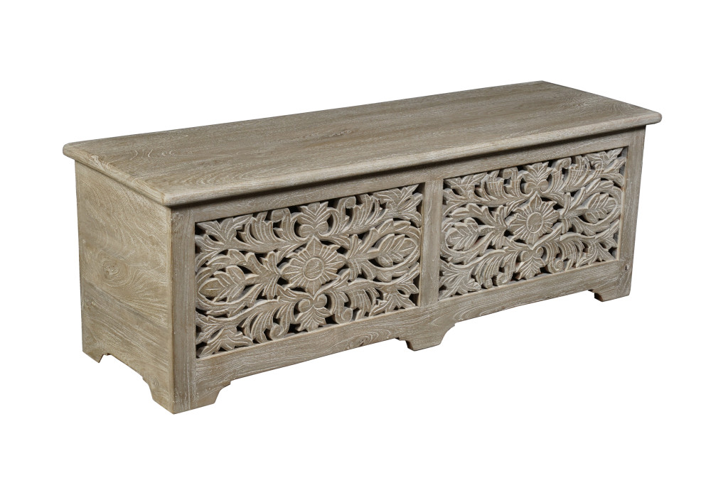 636284 52 in. Gray Distressed Solid Wood Carved Floral Storage Ottoman