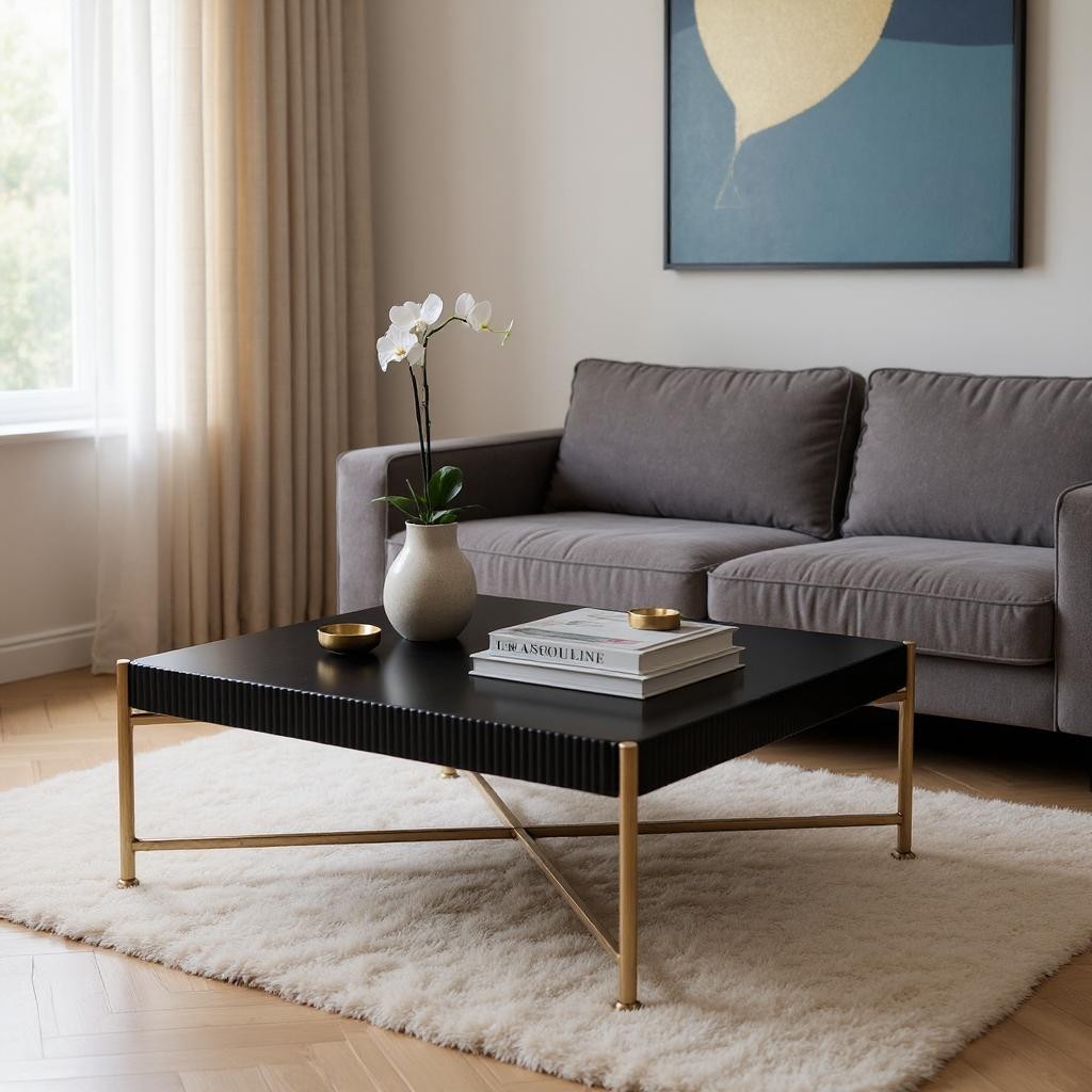 556707 42 in. Black & Gold Solid Wood & Steel Square Coffee Table