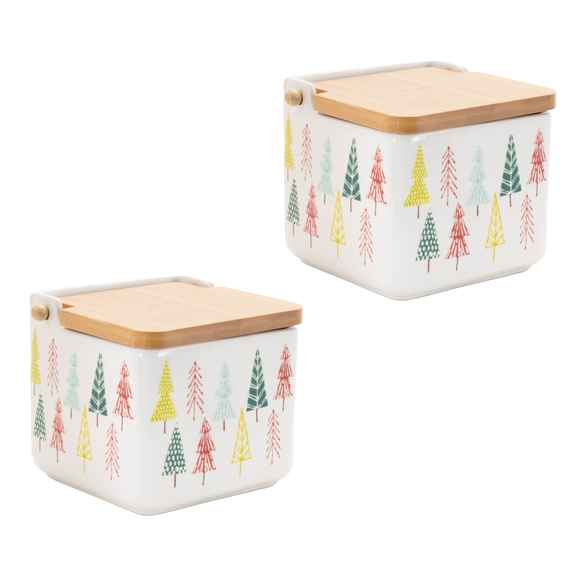 Picture of HomeRoots 638948 White Green & Red Ceramic & Wood Christmas Lidded Canisters - Set of 2