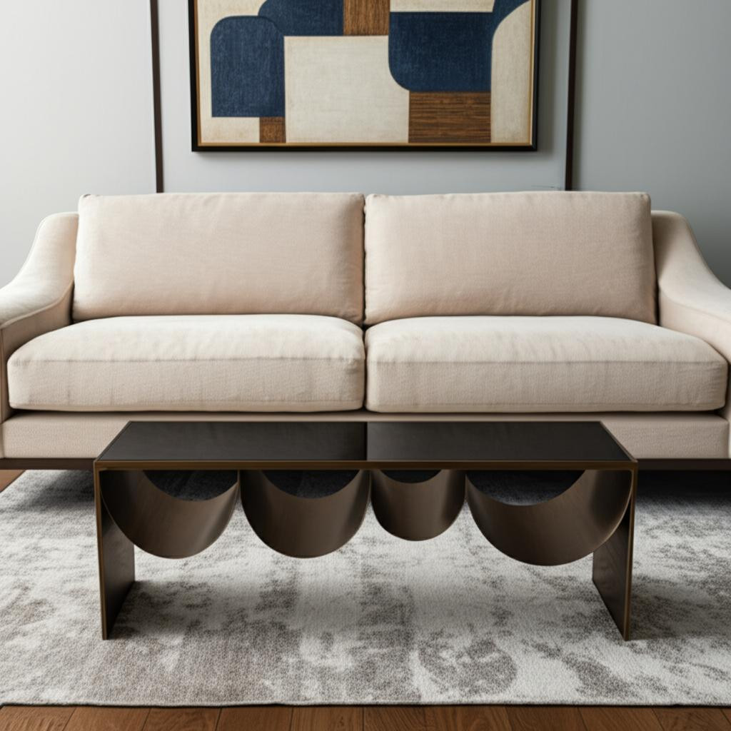 576839 48 in. Black & Brass Mirrored Glass & Steel Solid Coffee Table