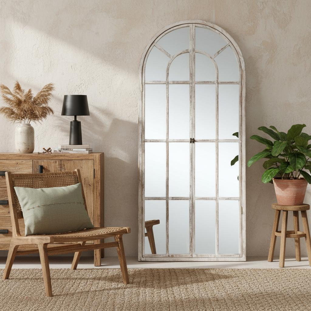 565139 71 in. White Solid Wood Arch Framed Classic Full Length Mirror