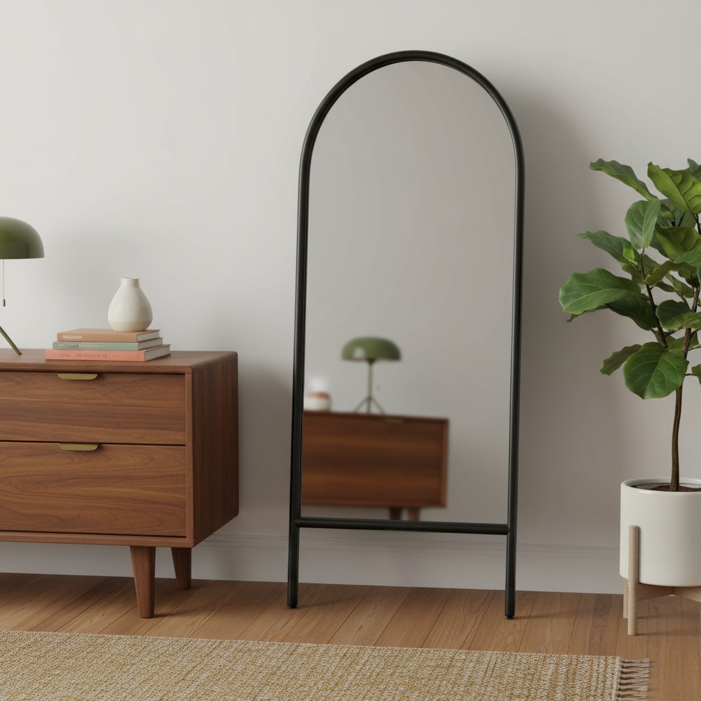 565053 71 in. Black Solid Wood Arch Freestanding Framed Full Length Mirror