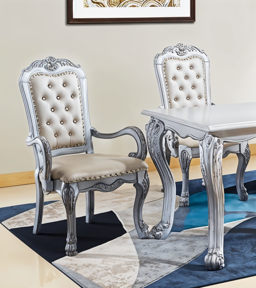 573331 46 x 26 x 29 in. Tufted White Upholstered Faux Leather & Wood Dining Arm Chair - Set of 2