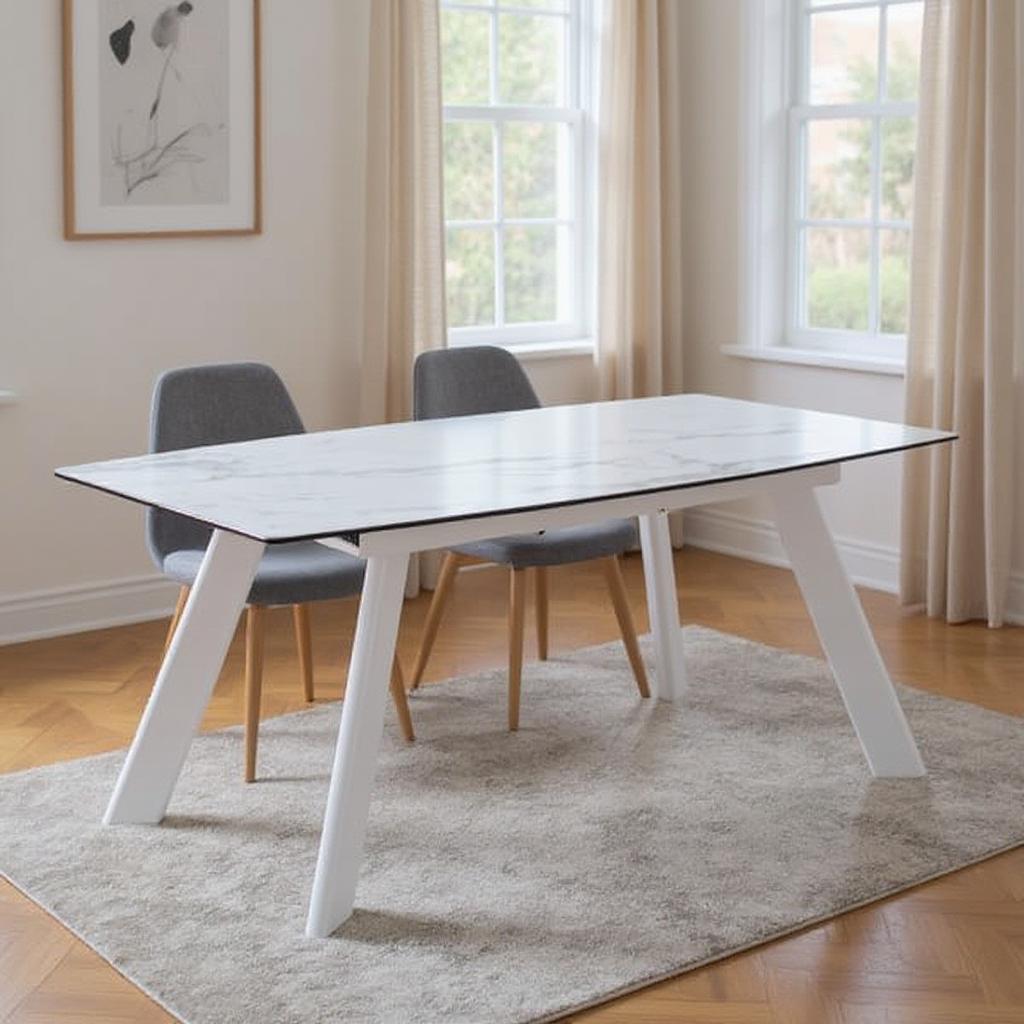 555187 29.5 x 71 x 35.5 in. Gray & White Ceramic & Metal Self-Storing Leaf Extendable Dining Table