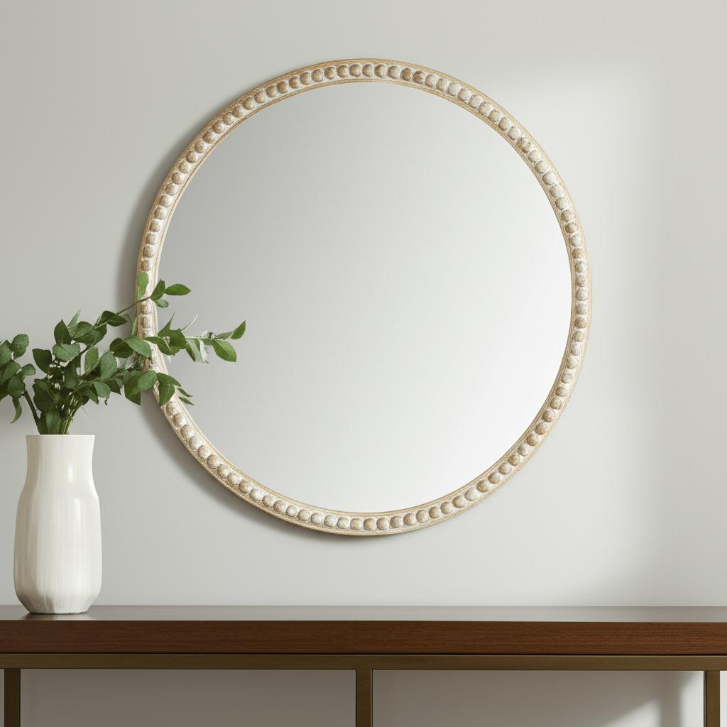 607306 30 in. Natural Solid Wood Beaded Round Framed Accent Mirror