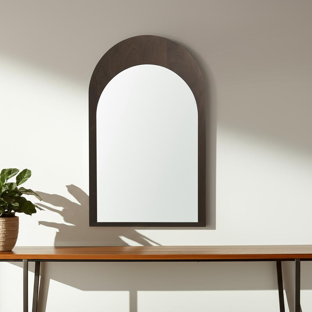 607343 36 in. Brown Solid Wood Arch Framed Accent Mirror