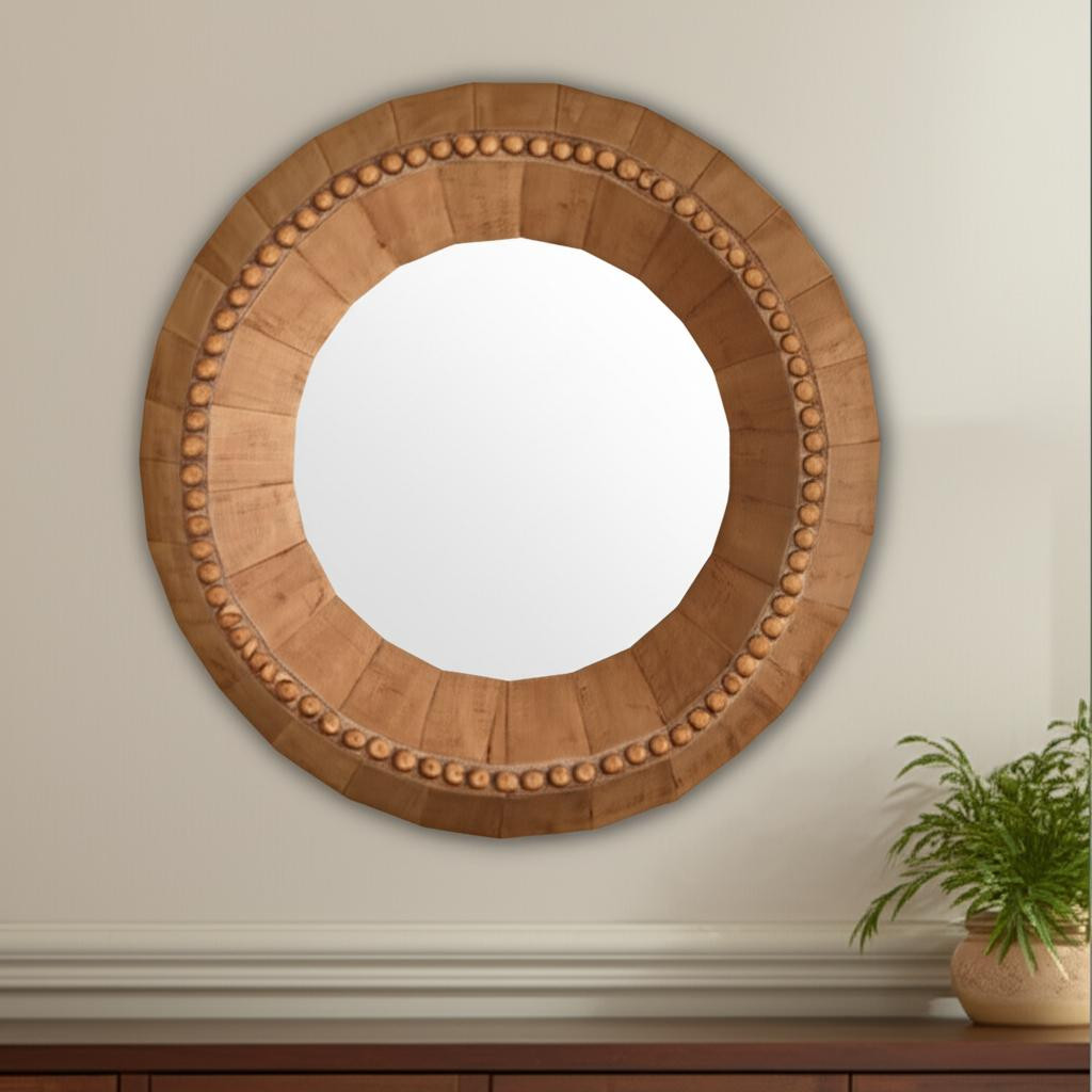607303 30 in. Brown Solid Wood Faceted & Beaded Round Framed Accent Mirror