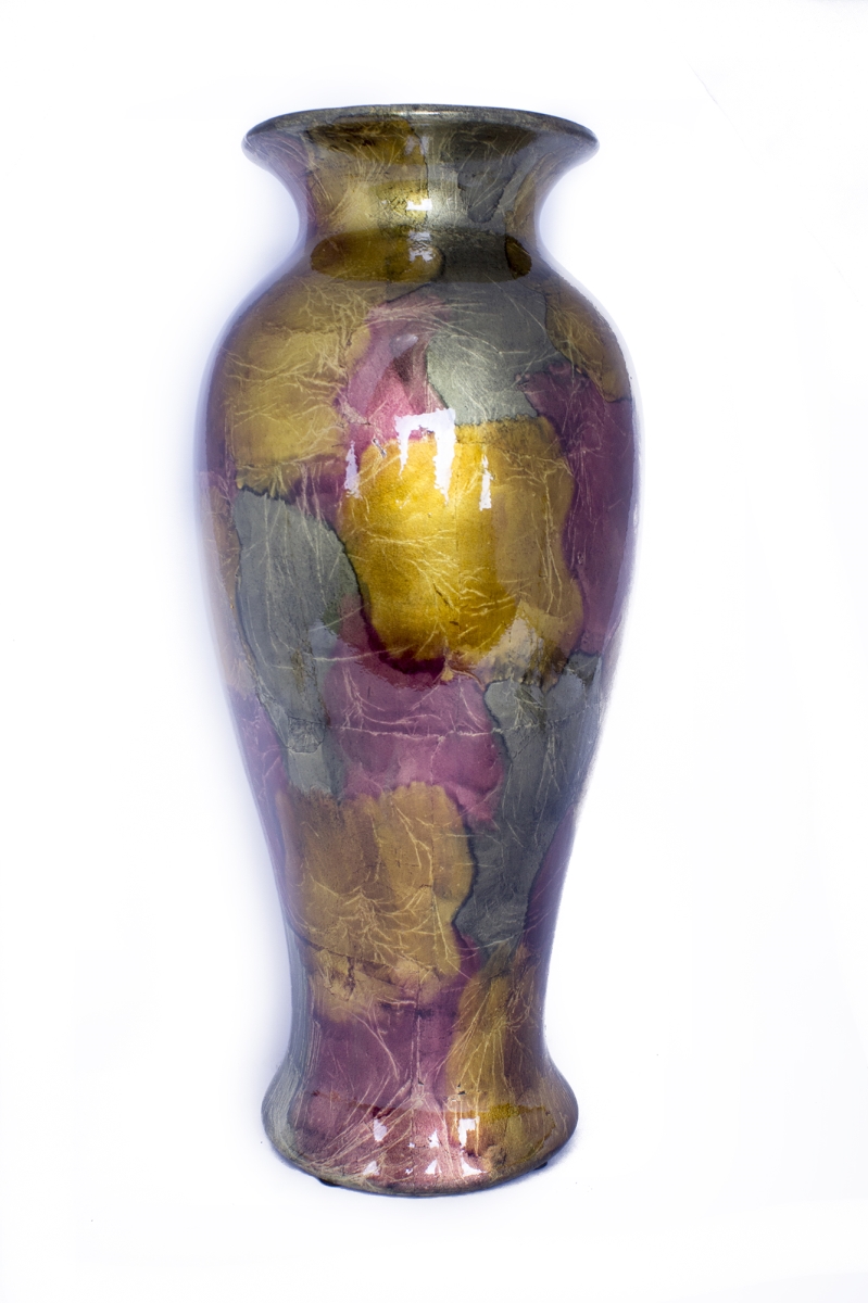 319665 21 In. Foiled & Lacquered Ceramic Vase - Burgundy, Copper & Brown