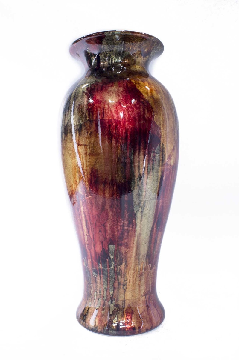 319668 21 In. Foiled & Lacquered Ceramic Vase - Red, Copper & Brown