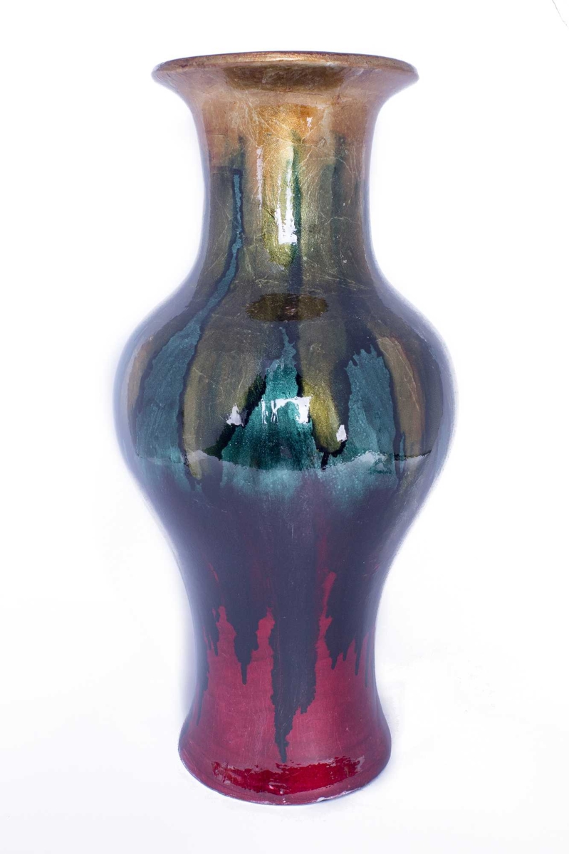 319692 18 In. Foiled & Lacquered Ceramic Vase - Gold, Green & Red
