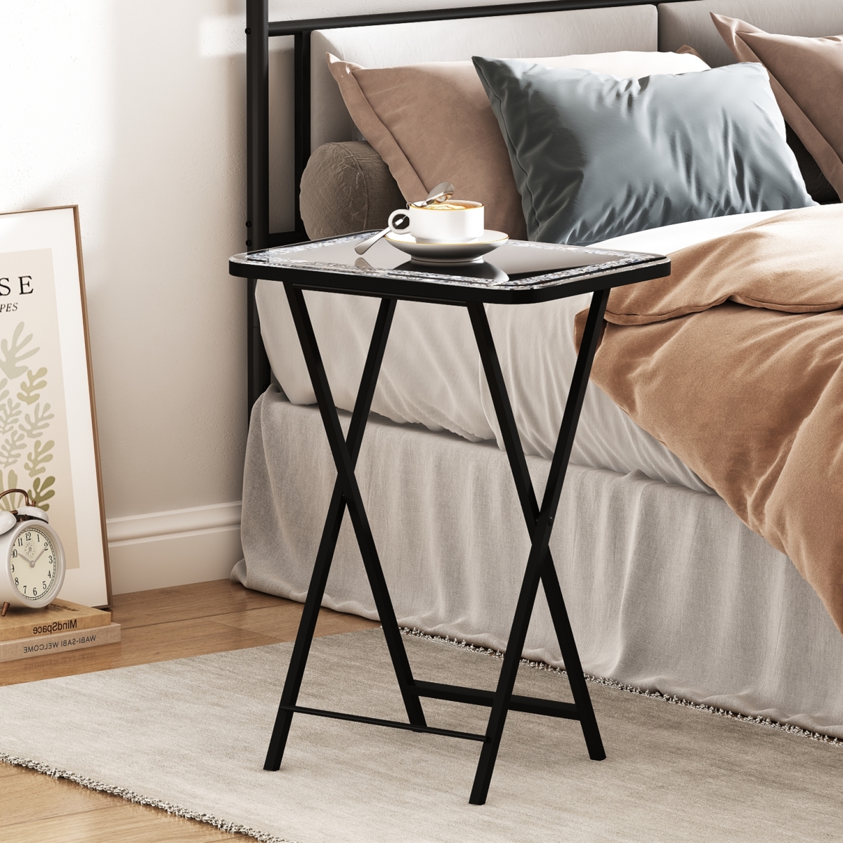 Picture of HomeRoots 641951 20 in. Silver & Black Mirrored Glass Faux Crystal & Metal Folding Tray Table