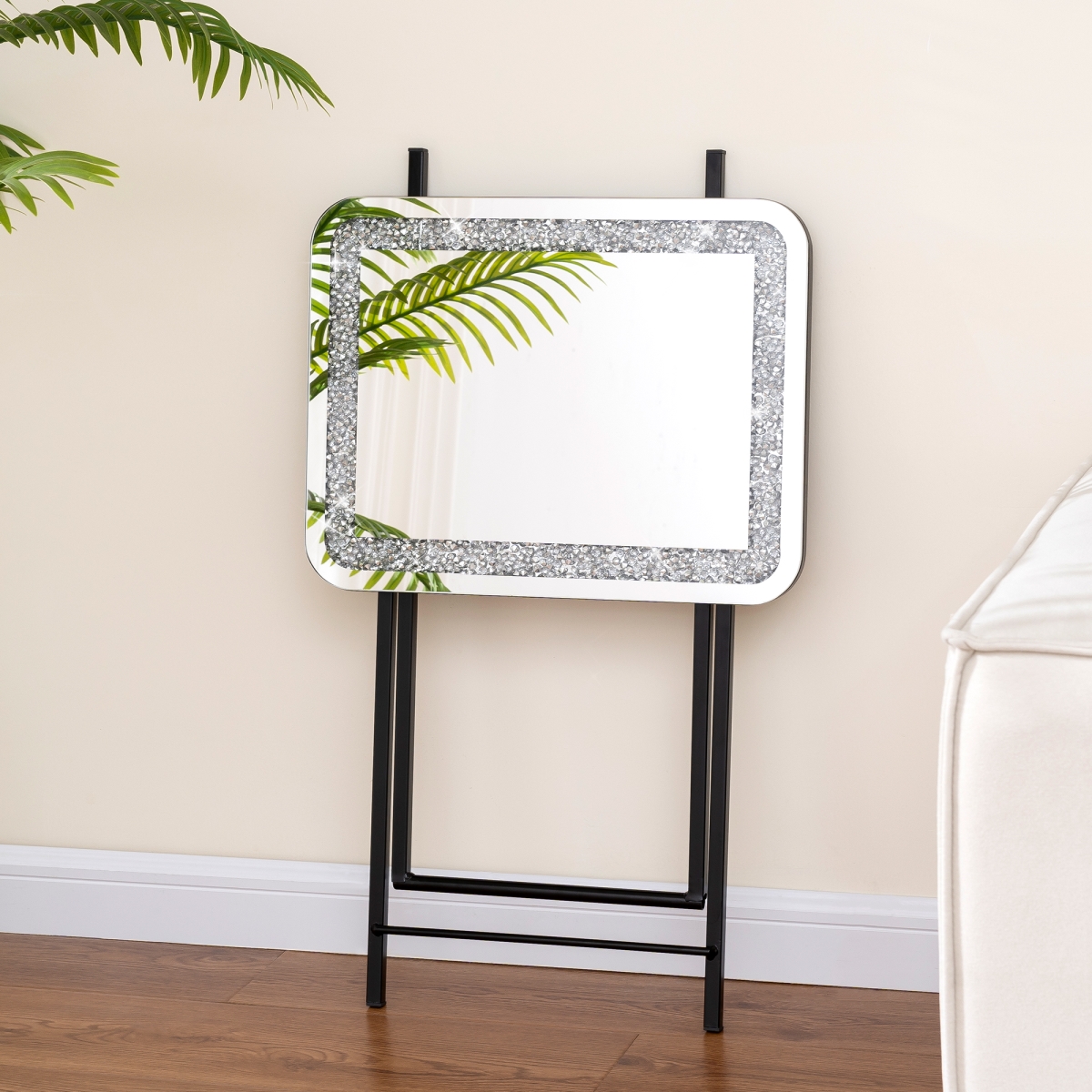Picture of HomeRoots 641951 20 in. Silver & Black Mirrored Glass Faux Crystal & Metal Folding Tray Table