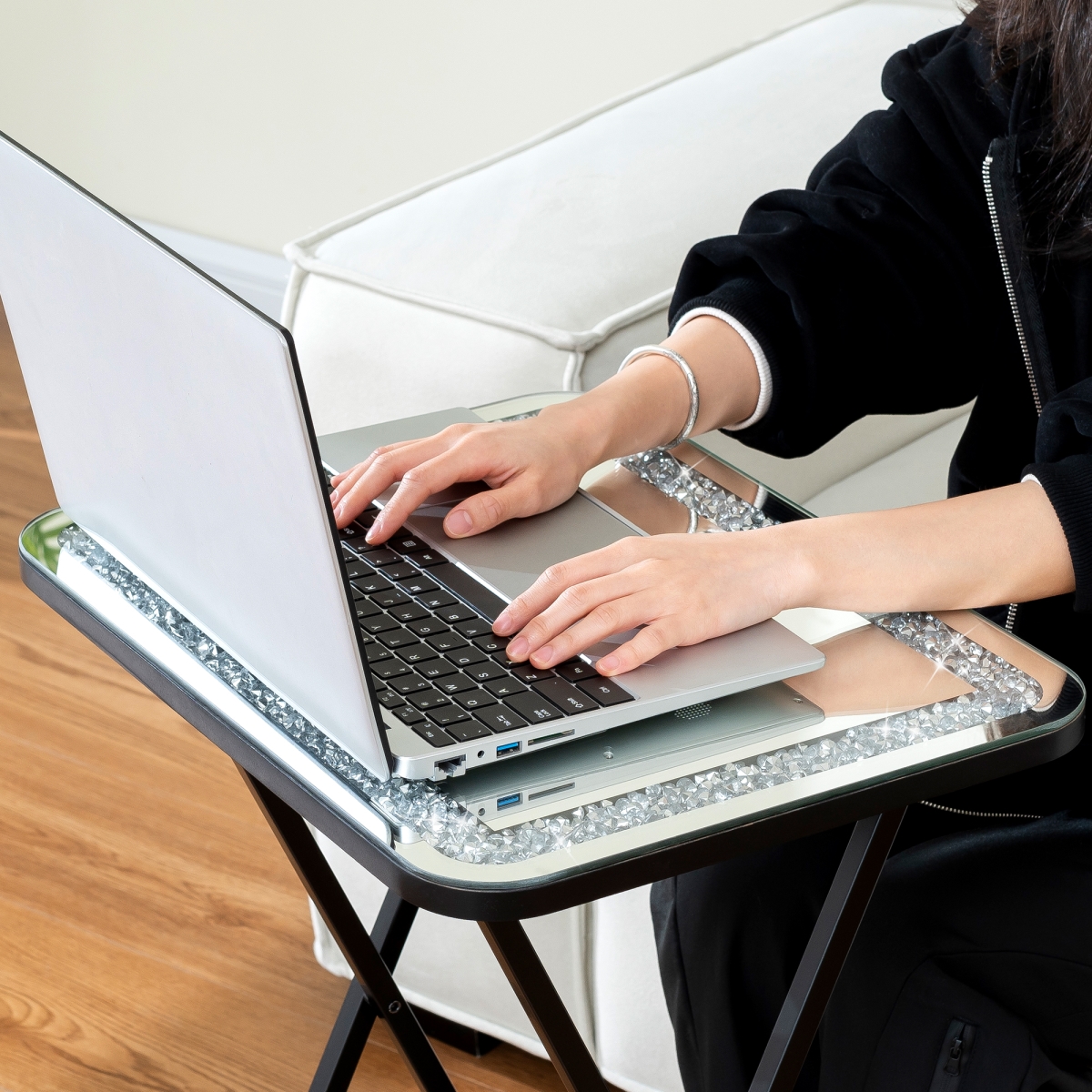 Picture of HomeRoots 641951 20 in. Silver & Black Mirrored Glass Faux Crystal & Metal Folding Tray Table
