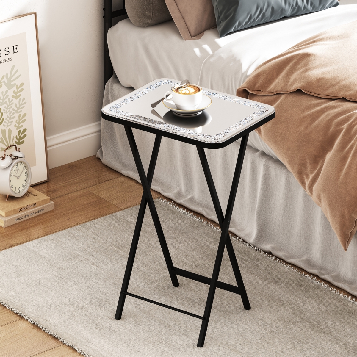 Picture of HomeRoots 641951 20 in. Silver & Black Mirrored Glass Faux Crystal & Metal Folding Tray Table