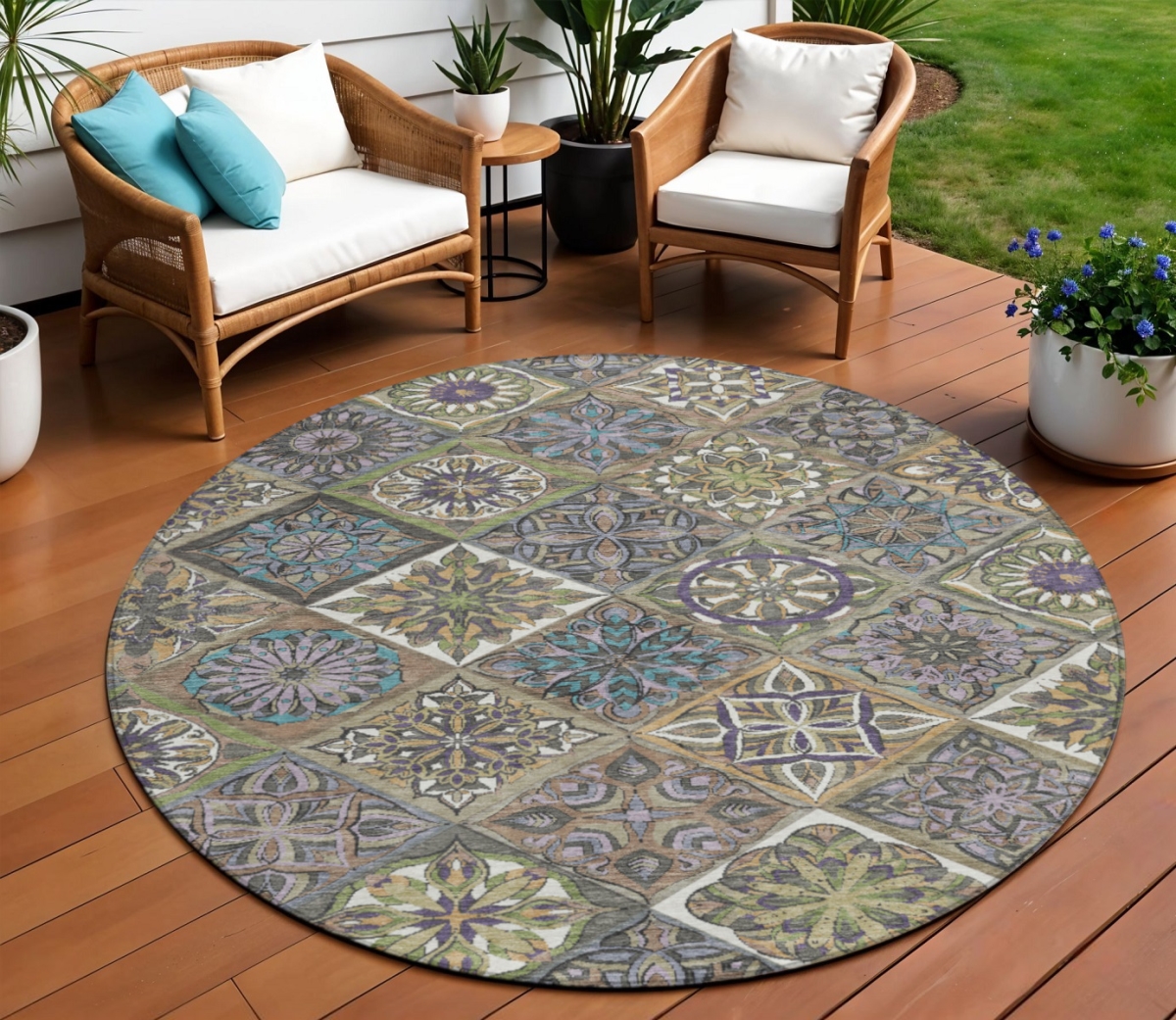 UPC 199477112320 product image for 640648 8 ft. Taupe & Green Patchwork Washable Transitional Indoor & Outdoor Roun | upcitemdb.com