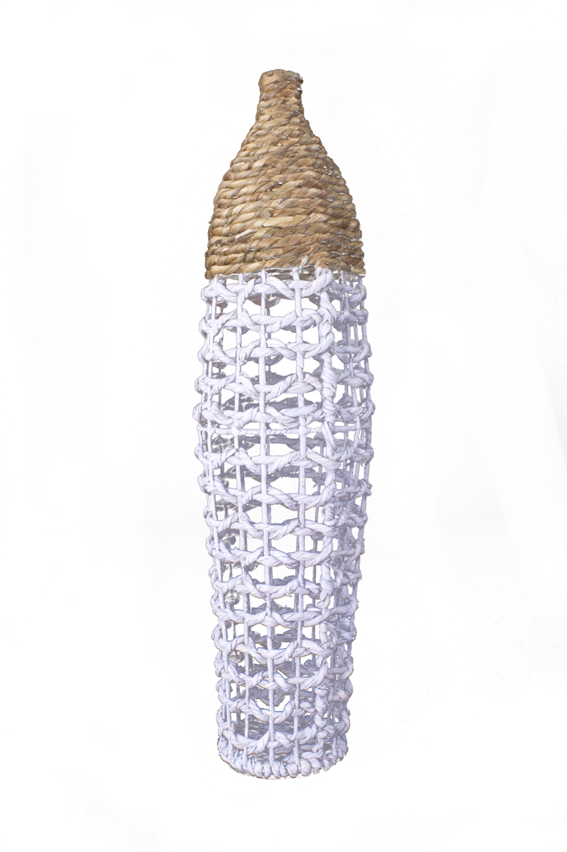 319759 36 In. Woven Floor Vase - White & Natural Water Hyacinth