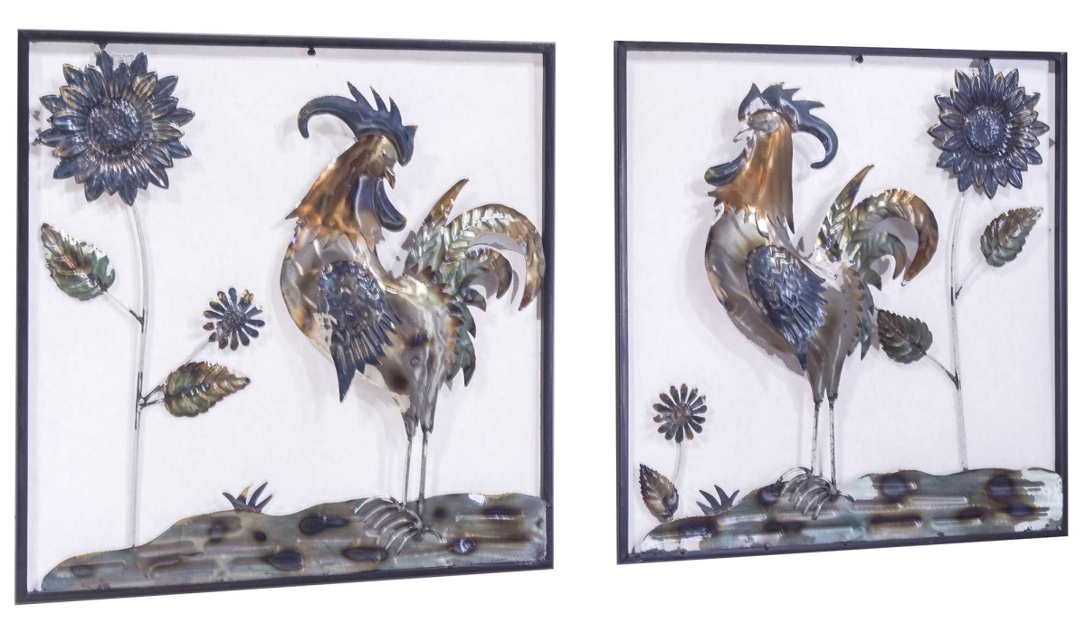 319805 Midnight Garden Roosters & Sunflowers Square Wall Panel, Metallic Multicolor - Set Of 2