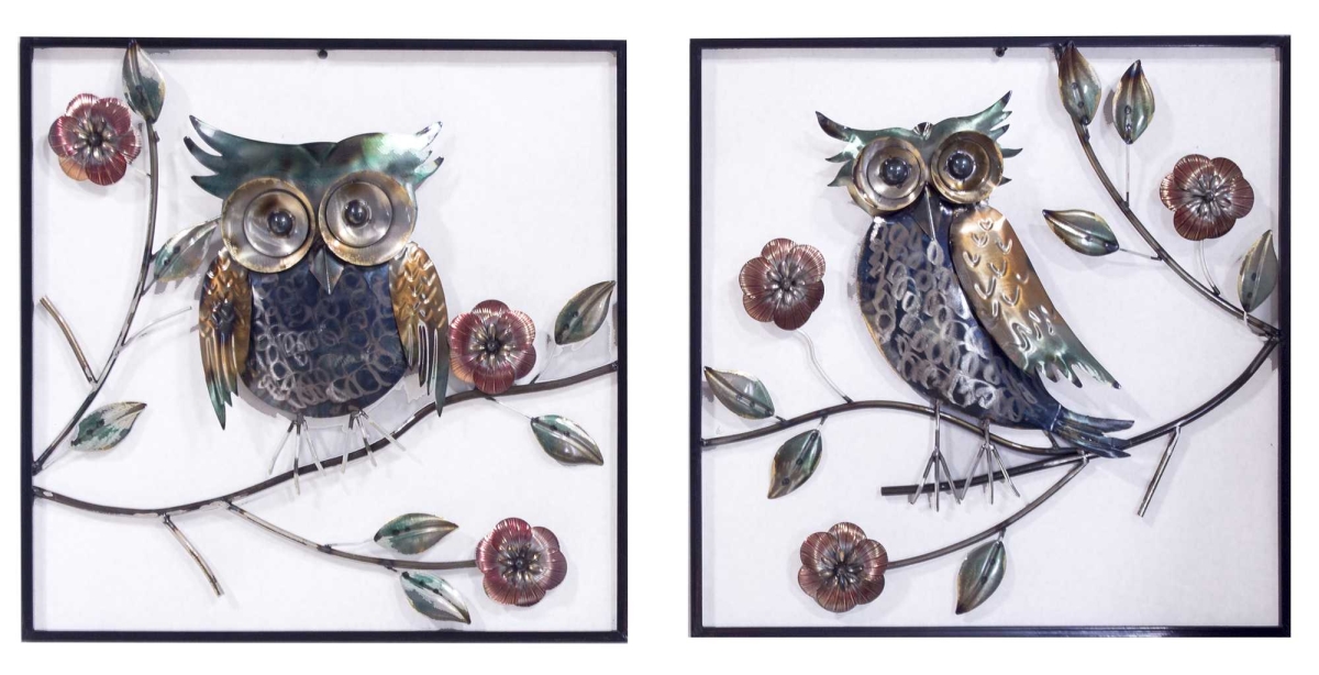 319806 Midnight Garden Owl On Blooming Branches Square Wall Panel, Metallic Multicolor - Set Of 2