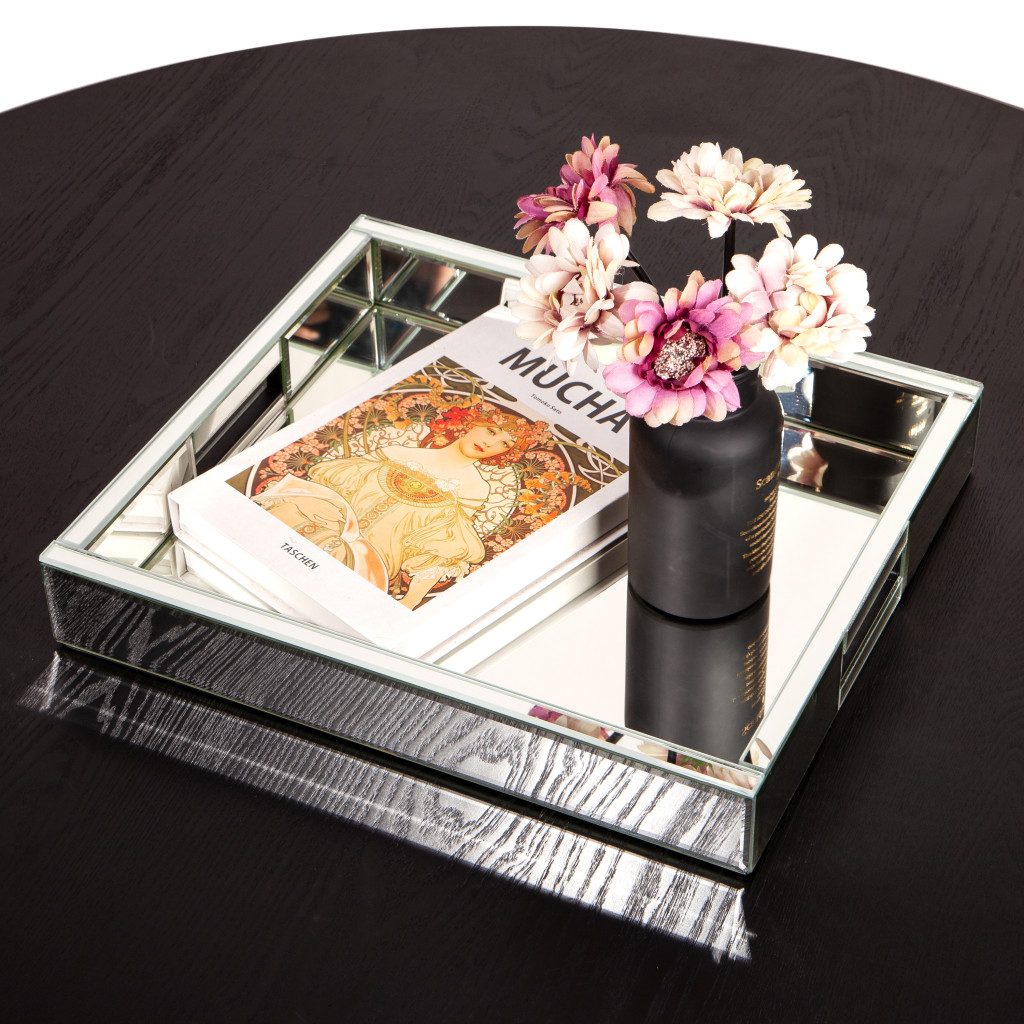 Picture of HomeRoots 643671 16 in. Silver Mirrored Glass Serving Tray with Handles