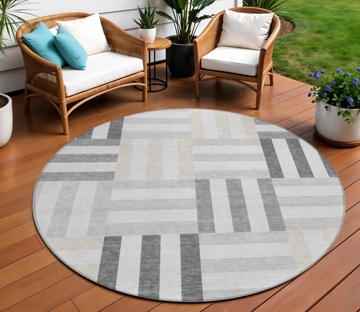 UPC 199477347432 product image for 659762 8 ft. Gray & Ivory Geometric Washable Transitional Indoor & Outdoor Round | upcitemdb.com